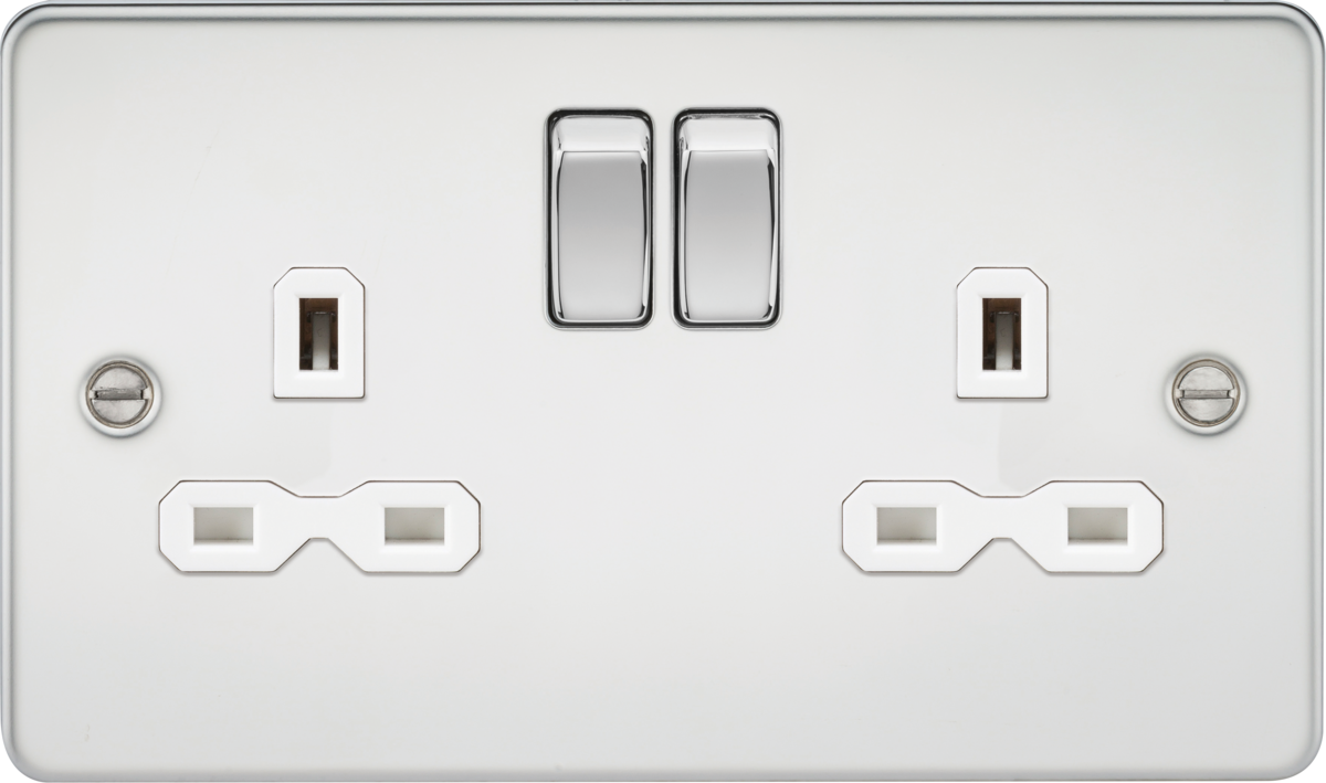 13A 2G DP Switched Socket with Twin Earths - Polished Chrome with White Insert