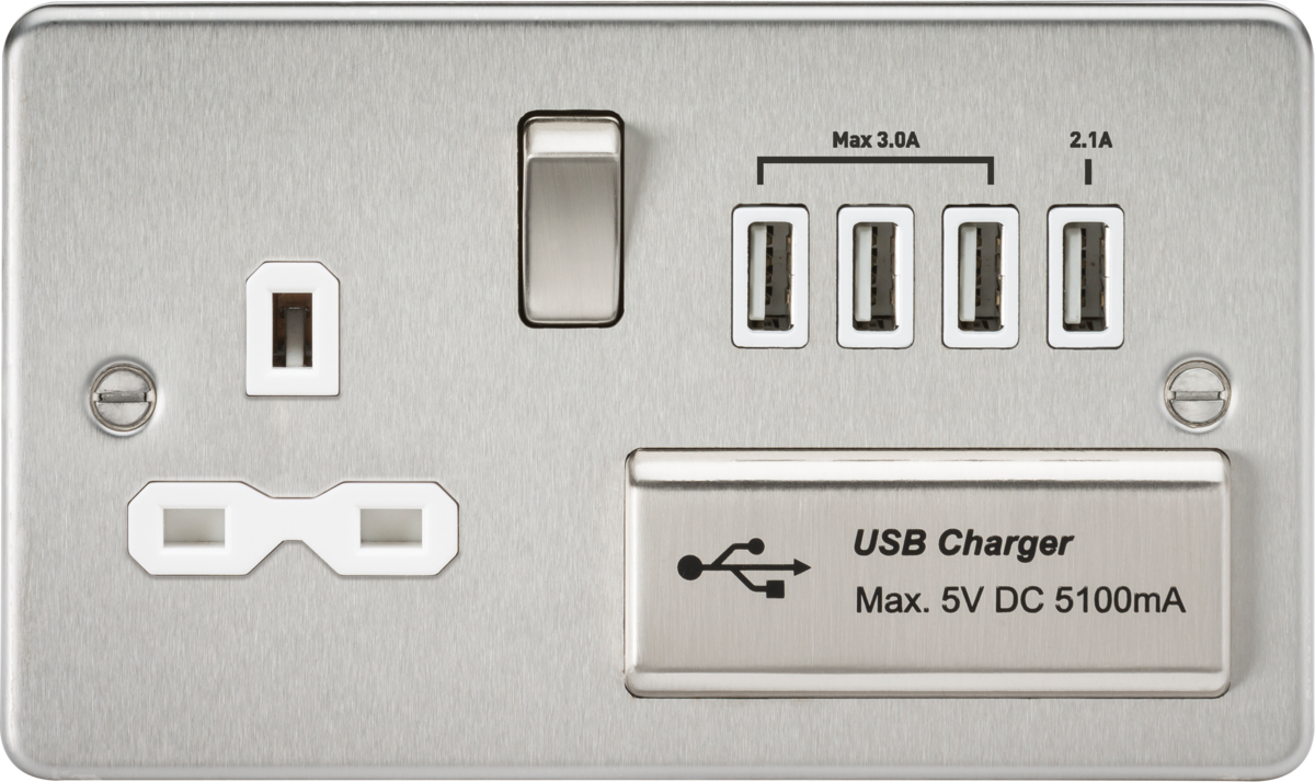 13A Switched Socket with Quad USB Charger - Brushed Chrome