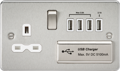 13A Switched Socket with Quad USB Charger - Brushed Chrome