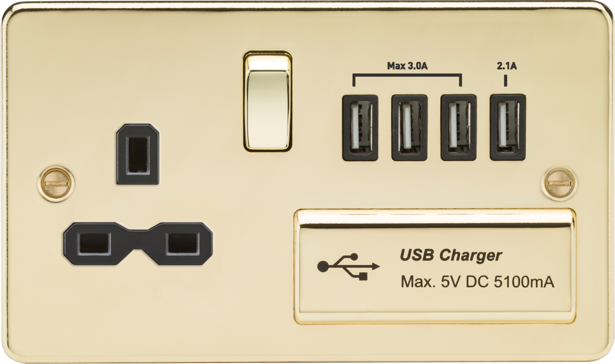 13A Switched Socket with Quad USB Charger - Polished Brass