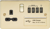 13A Switched Socket with Quad USB Charger - Polished Brass
