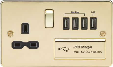 13A Switched Socket with Quad USB Charger - Polished Brass