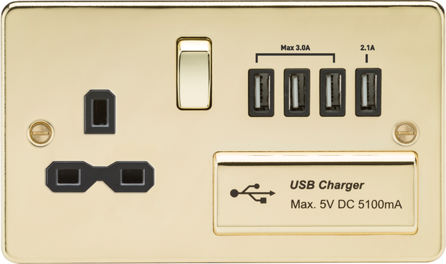 13A Switched Socket with Quad USB Charger - Polished Brass