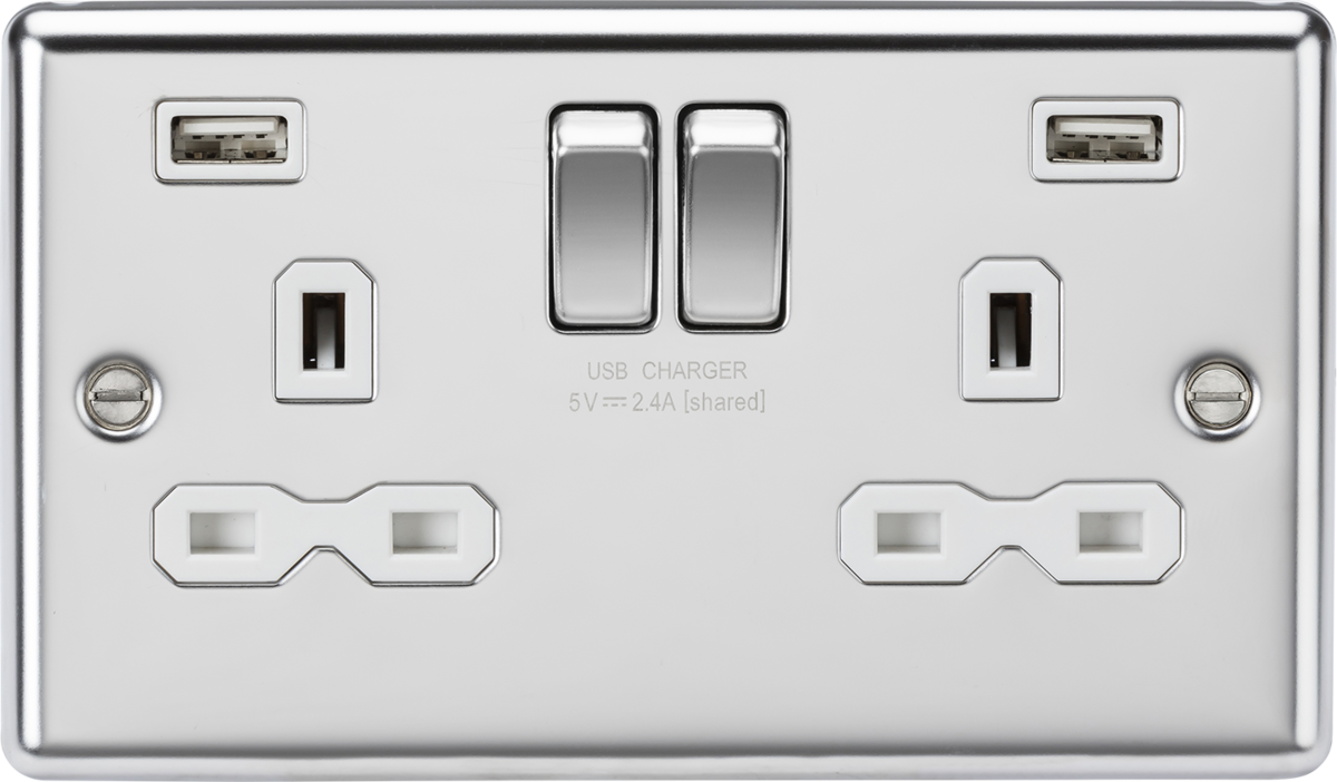 13A 2G SP Switched Socket with Dual USB A+A - Polished Chrome with White Insert