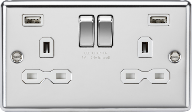13A 2G SP Switched Socket with Dual USB A+A - Polished Chrome with White Insert