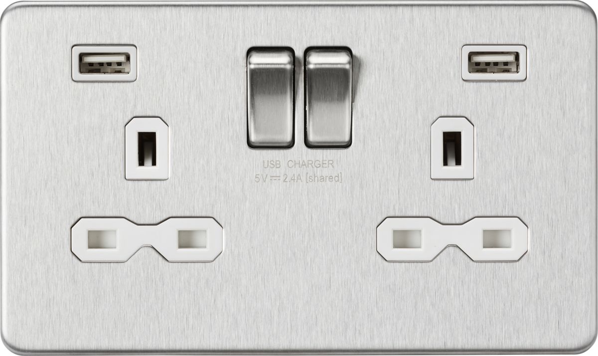 13A 2G Switched Socket with Dual USB A+A - Brushed Chrome with White Insert