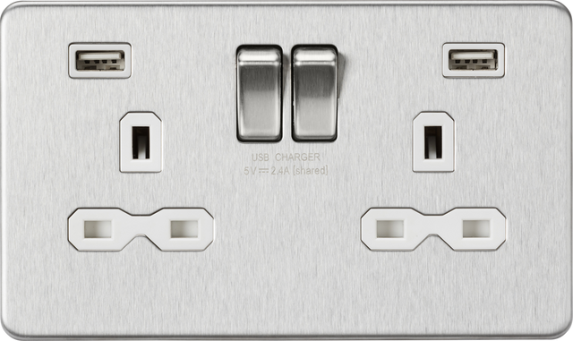 13A 2G Switched Socket with Dual USB A+A - Brushed Chrome with White Insert