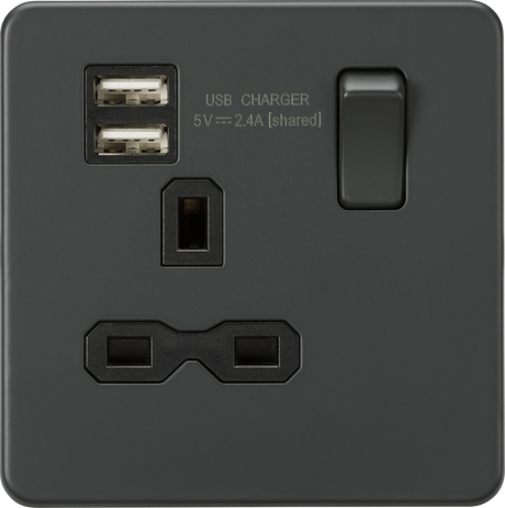 13A 1G Switched Socket with Dual USB Charger - Anthracite