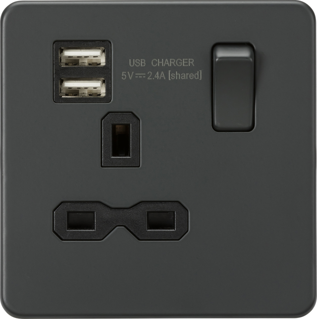 13A 1G Switched Socket with Dual USB Charger - Anthracite