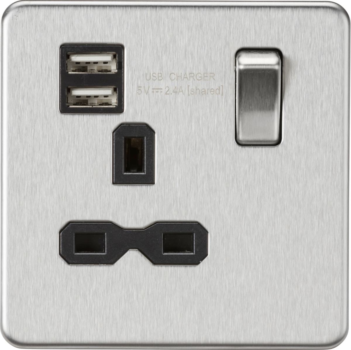 13A 1G Switched Socket with Dual USB - Brushed Chrome