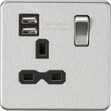 13A 1G Switched Socket with Dual USB - Brushed Chrome