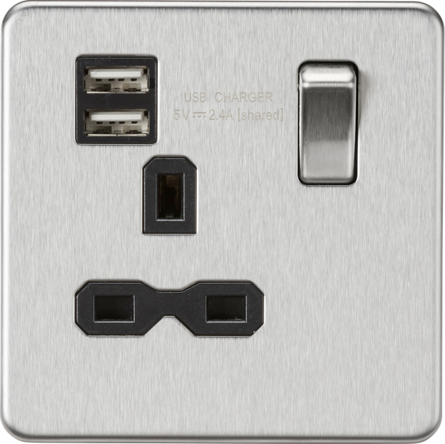 13A 1G Switched Socket with Dual USB - Brushed Chrome