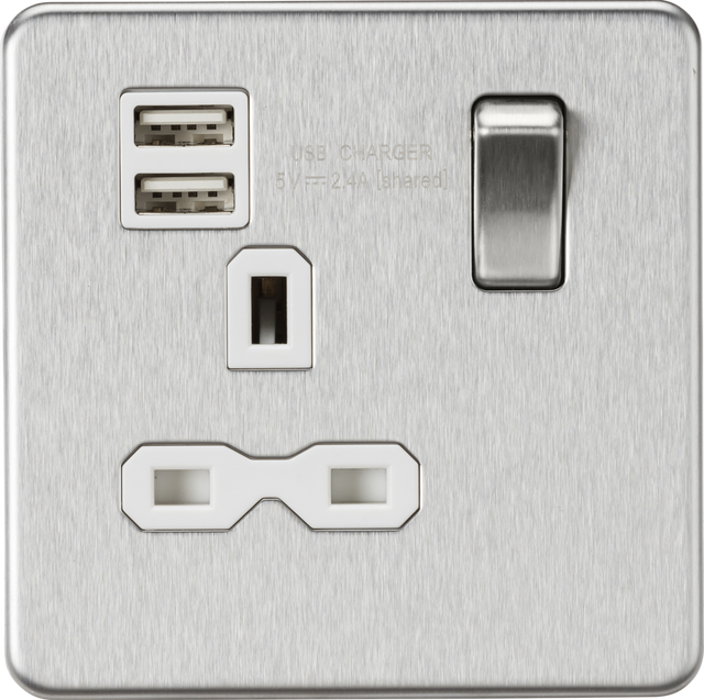 Brushed Chrome 13A Switched Socket with Dual USB Charger
