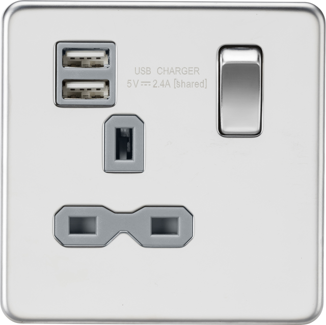 13A 1G SP Switched Socket with Dual USB - Polished Chrome