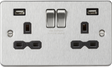 ML Accessories 13A 2G Switched Socket with Dual USB Charger, Brushed Chrome