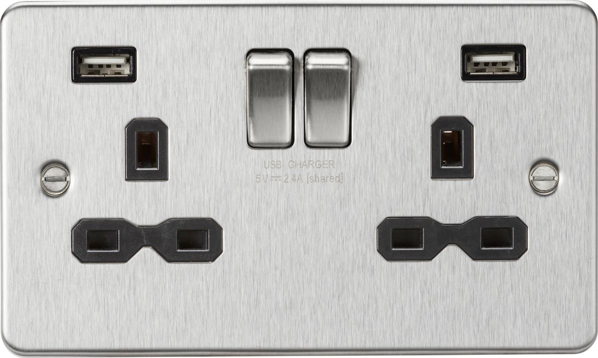 ML Accessories 13A 2G Switched Socket with Dual USB Charger, Brushed Chrome