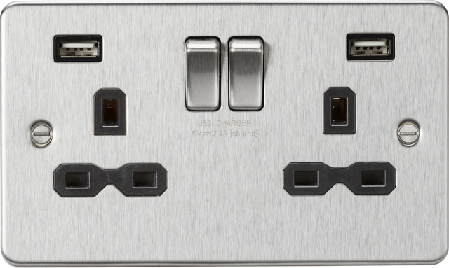 ML Accessories 13A 2G Switched Socket with Dual USB Charger, Brushed Chrome