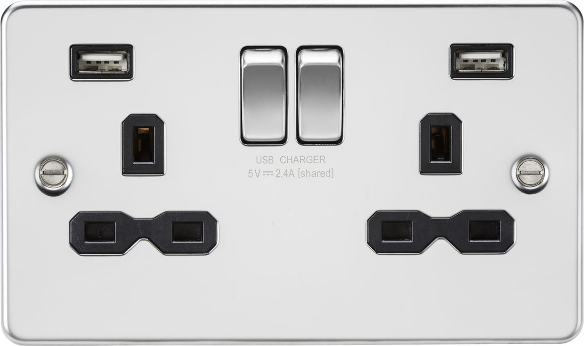 13A 2G Switched Socket with Dual USB Charger in Polished Chrome