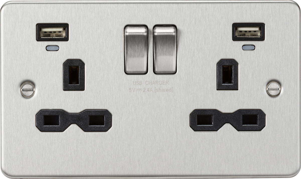 13A 2G Switched Socket with Dual USB Charger - Brushed Chrome