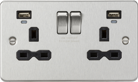 13A 2G Switched Socket with Dual USB Charger - Brushed Chrome