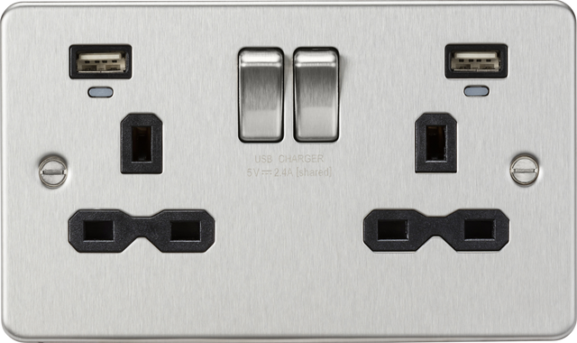 13A 2G Switched Socket with Dual USB Charger - Brushed Chrome