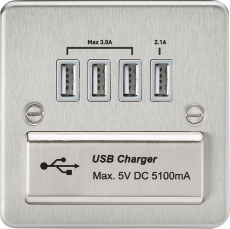 230V Quad USB-A Charger Outlet - Brushed Chrome with Grey Insert