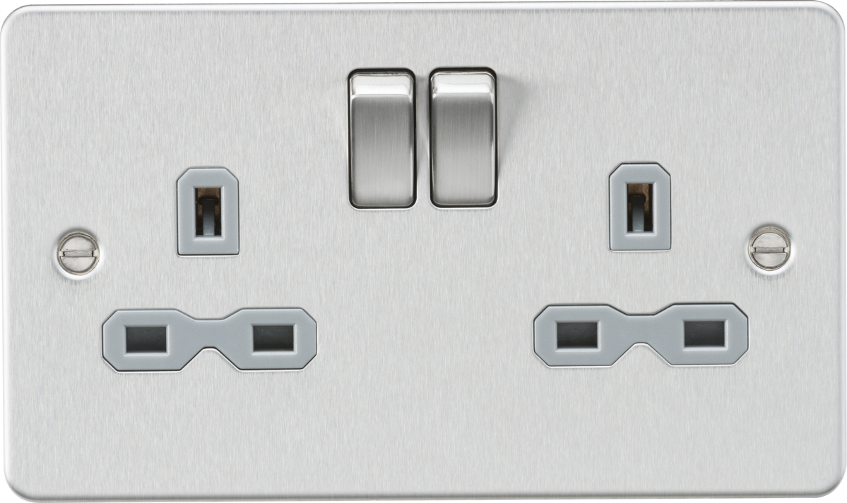 13A 2G DP Switched Socket - Brushed Chrome with Grey Insert