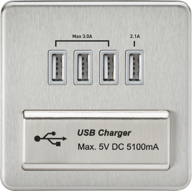 230V Quad USB-A Charger Outlet - Brushed Chrome Finish