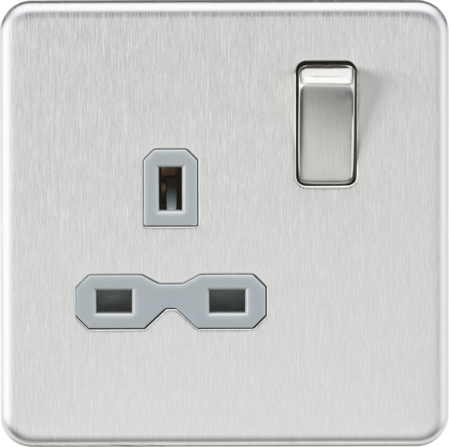 13A 1G DP Switched Socket - Brushed Chrome with Grey Insert