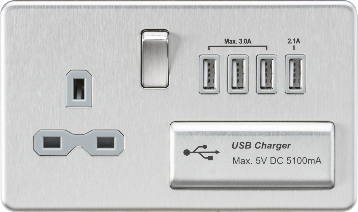 13A Switched Socket with Quad USB-A 5V DC 5.1A - Brushed Chrome with Grey Insert
