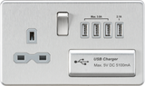 13A Switched Socket with Quad USB-A 5V DC 5.1A - Brushed Chrome with Grey Insert