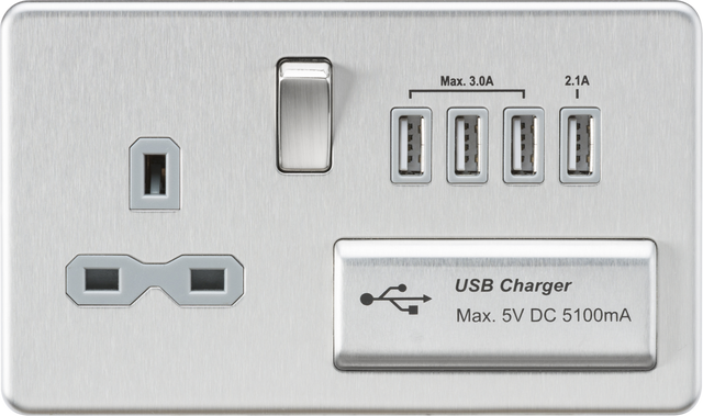 13A Switched Socket with Quad USB-A 5V DC 5.1A - Brushed Chrome with Grey Insert