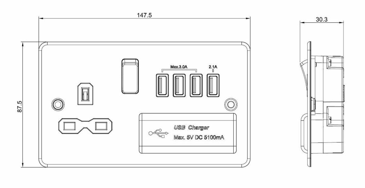 Alternative view of the 13A Switched Socket with Quad USB Charger