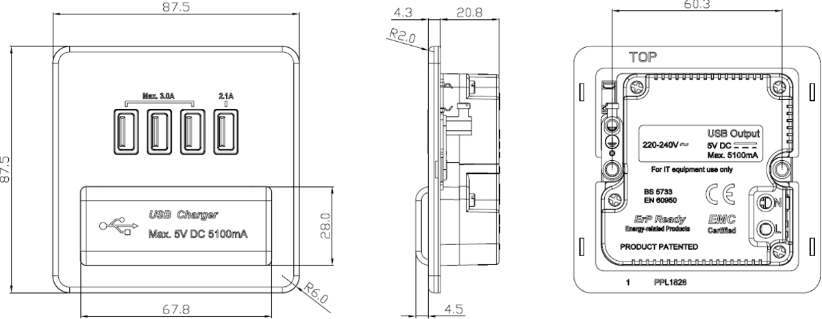 230V Quad USB-A Charger Outlet Showing Low Profile Design