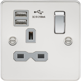 13A 1G SP Switched Socket with Dual USB A+A - Polished Chrome