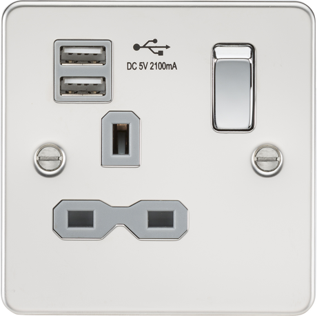 13A 1G SP Switched Socket with Dual USB A+A - Polished Chrome