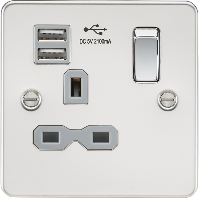 13A 1G SP Switched Socket with Dual USB A+A - Polished Chrome