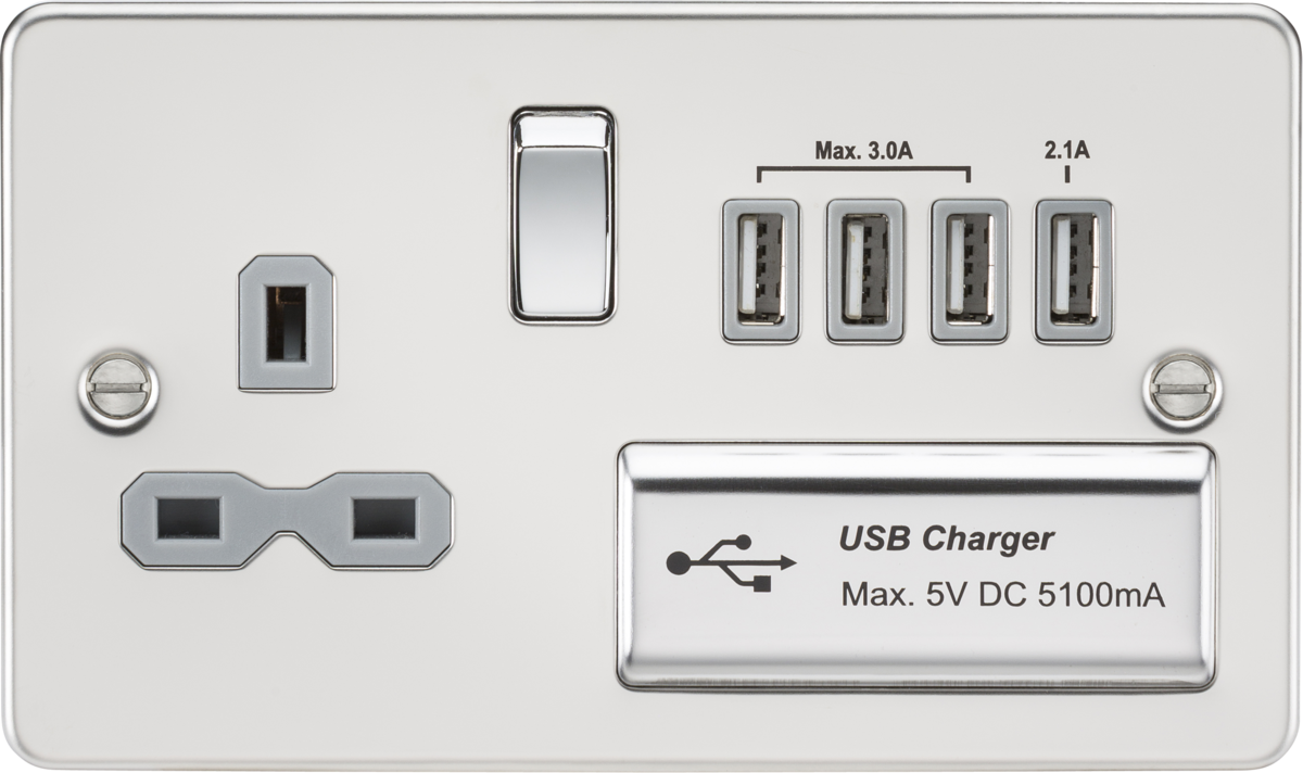 13A Switched Socket with Quad USB Charger - Polished Chrome