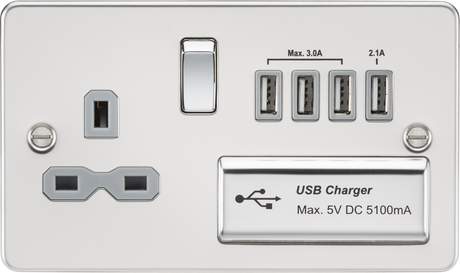 13A Switched Socket with Quad USB Charger - Polished Chrome