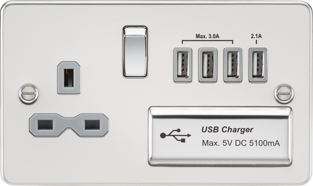 13A Switched Socket with Quad USB Charger - Polished Chrome