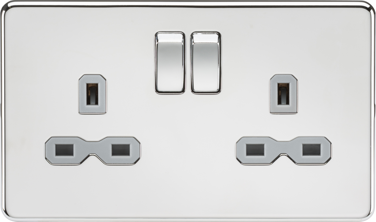 13A 2G DP Switched Socket with Twin Earths - Polished Chrome with Grey Insert