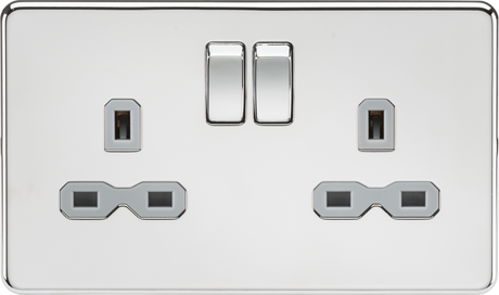 13A 2G DP Switched Socket with Twin Earths - Polished Chrome with Grey Insert