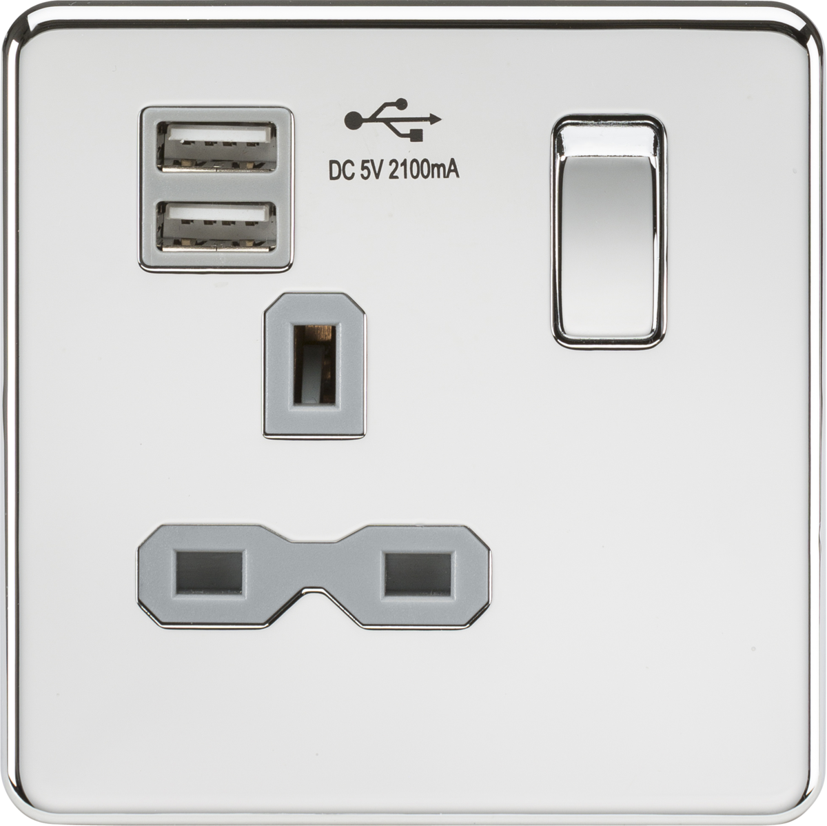 13A 1G Switched Socket with Dual USB A+A - Polished Chrome