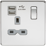 13A 1G Switched Socket with Dual USB A+A - Polished Chrome