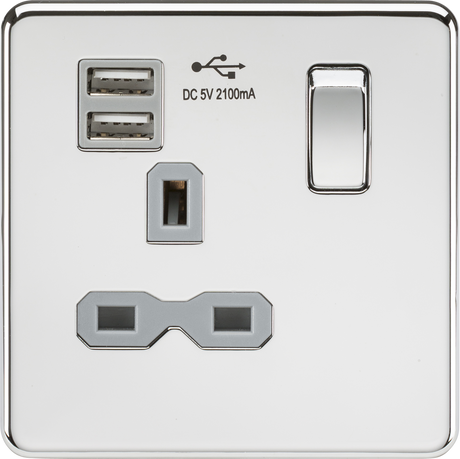 13A 1G Switched Socket with Dual USB A+A - Polished Chrome
