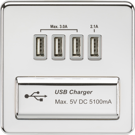 230V Quad USB-A Charger Outlet - Polished Chrome with Grey Insert