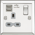 Polished Chrome 13A Switched Socket with Dual USB Charger - Bevelled Edge