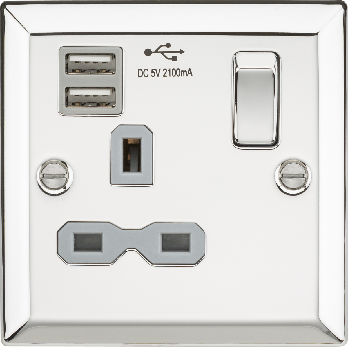 Polished Chrome 13A Switched Socket with Dual USB Charger - Bevelled Edge