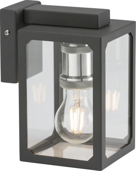 230V IP23 E27 Wall Lantern - Anthracite, Stainless Steel with Clear Glass