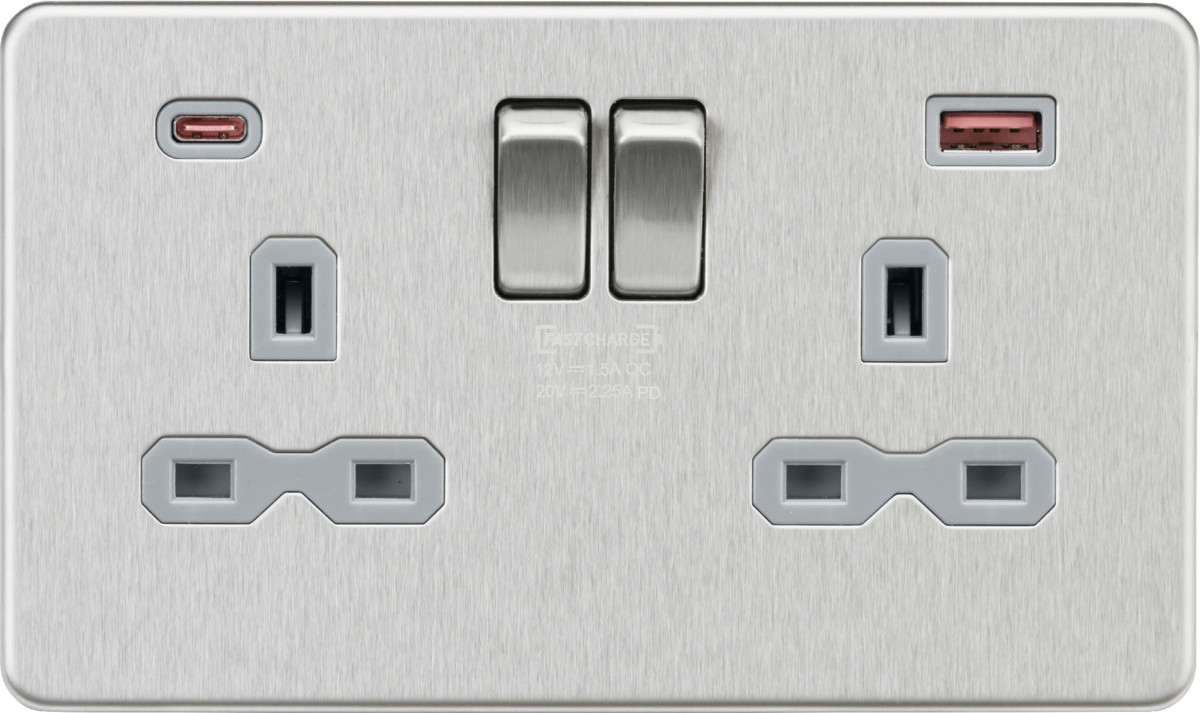 13A 2G DP Switched Socket with Dual USB A+C - Brushed Chrome